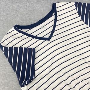 Lands End Womens Striped V Neck T Shirt Nautical Blue White Cotton Casual L‎